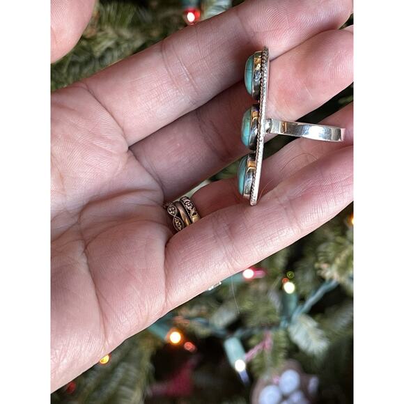 Sterling Silver NATIVE Style Turquoise Cluster Ring Adj 5.5-8 Large SW Statement - Picture 7 of 9